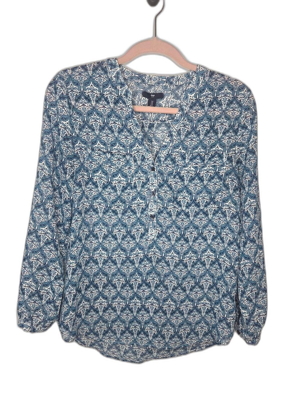 GAP Blue Teal Geometric Print Henley Blouse